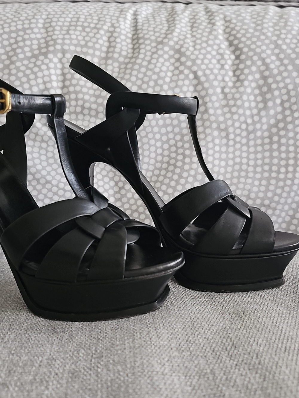 Saint Laurent Black Braided Platform Sandals with Gold-tone Buckles - Picture 12 of 13